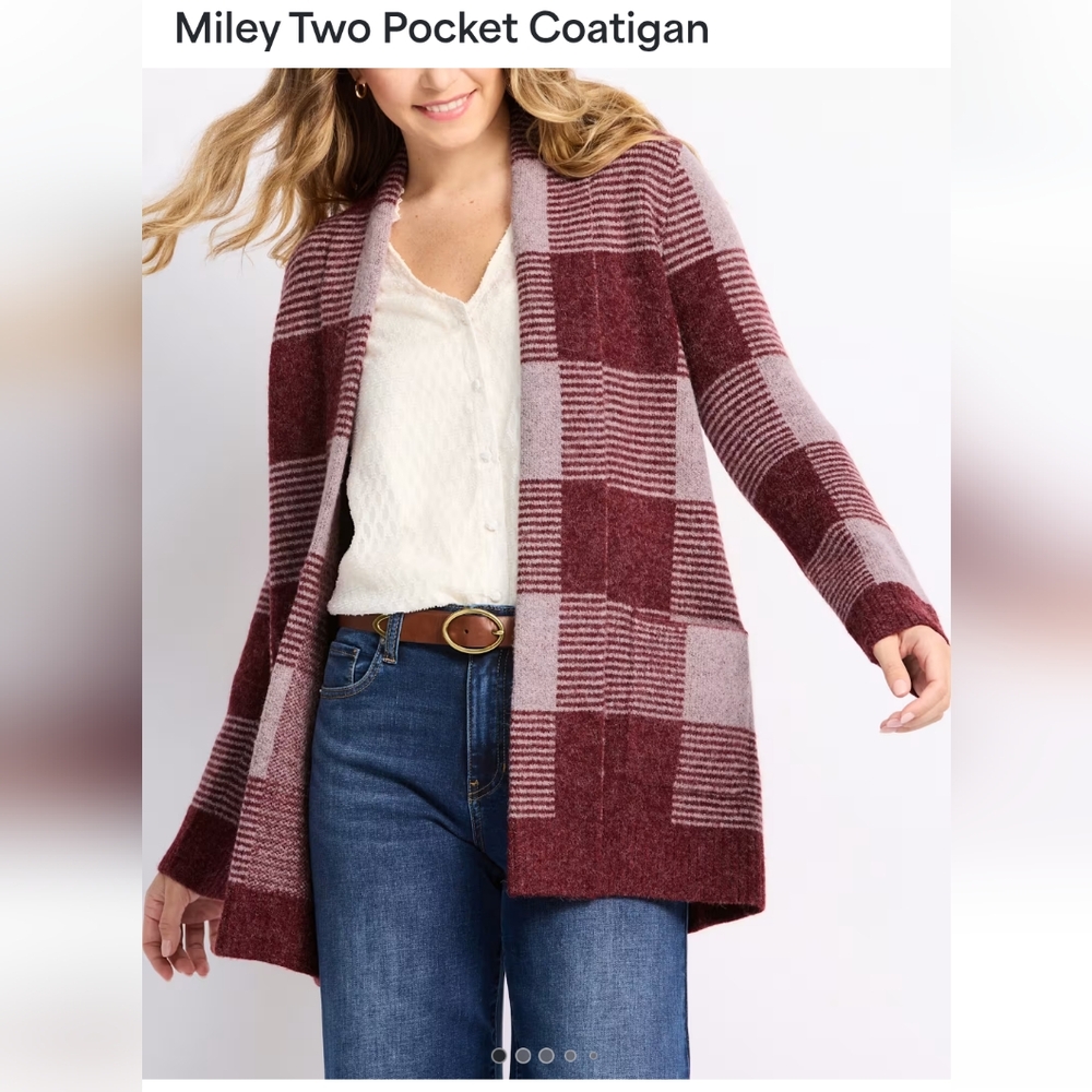 Two Pocket Coatigan - Burgundy Plaid